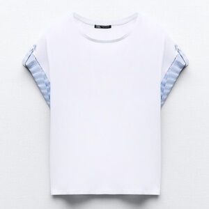 Zara white and blue short poplin details sleeves top t-shirt NWT